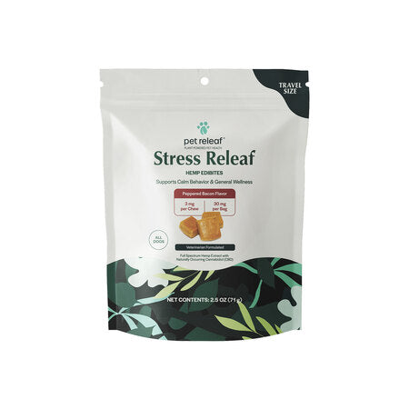 Pet Releaf Dog Supplement CBD Dog Edibites Stress Releaf Peppered Bacon Travel 2.5 oz