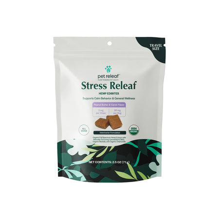 Pet Releaf Dog Supplement CBD Dog Edibites Stress Releaf Peanut Butter & Carob Travel 2.5 oz