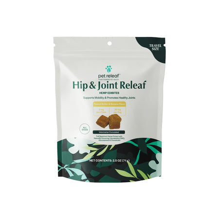 Pet Releaf Dog Supplement CBD Dog Edibites Hip & Joint Releaf Peanut Butter & Banana Travel 2.5 oz